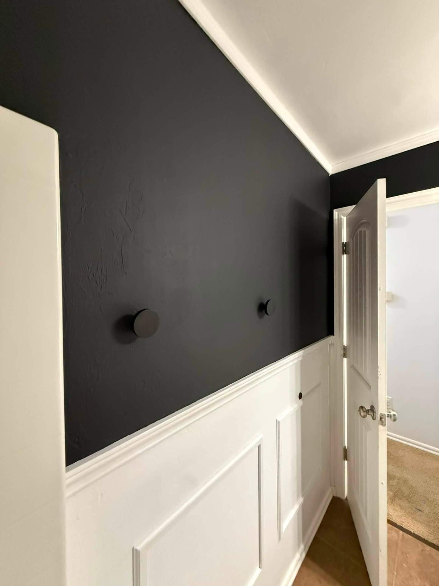 Two-tone hallway with navy wall and white wainscoting
